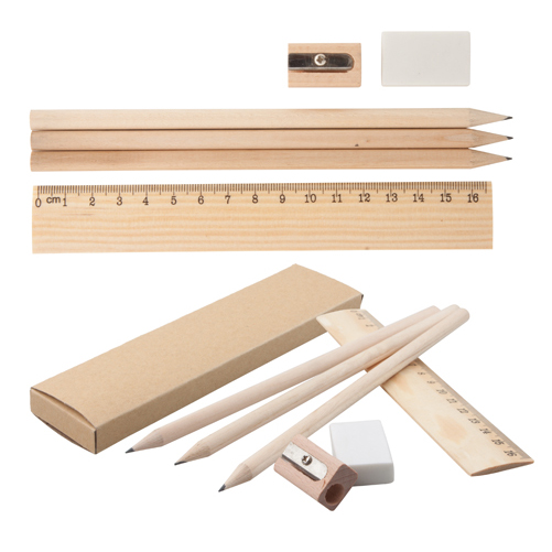 Набор из 3 деревянных карандашей, линейки, точилки и ластика
