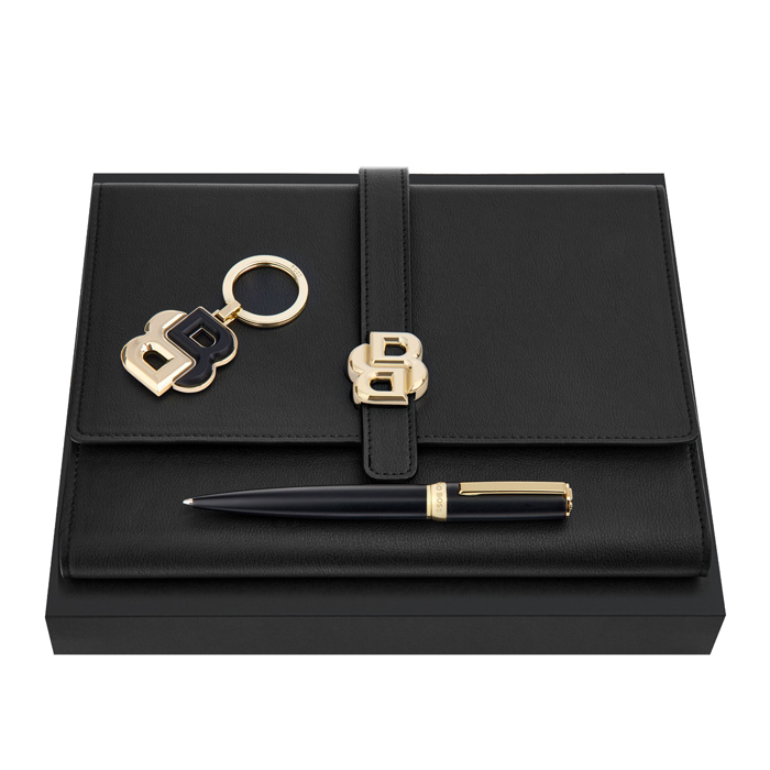 Набор: брелок для ключей, папка формата А5 и шариковая авторучка Arche Double B Black & Gold